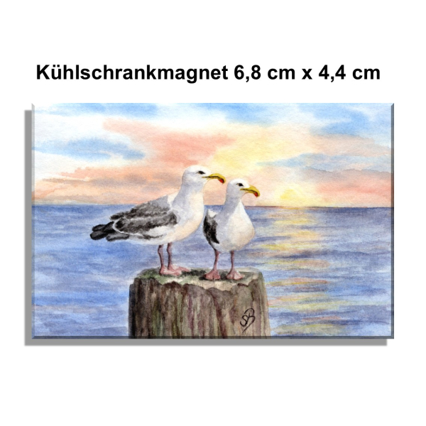 Kühlschrankmagnet - Möwen auf Pfahl im Sonnenuntergang - AL3